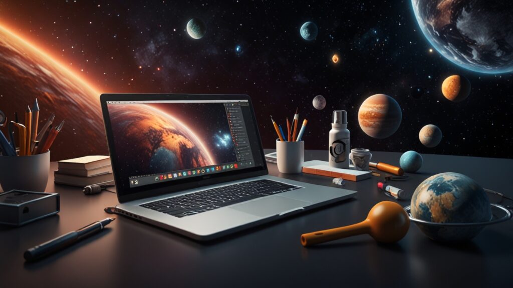 Notebook-na-mesa-com-varios-lapis-e-de-fundo-varios-planetas